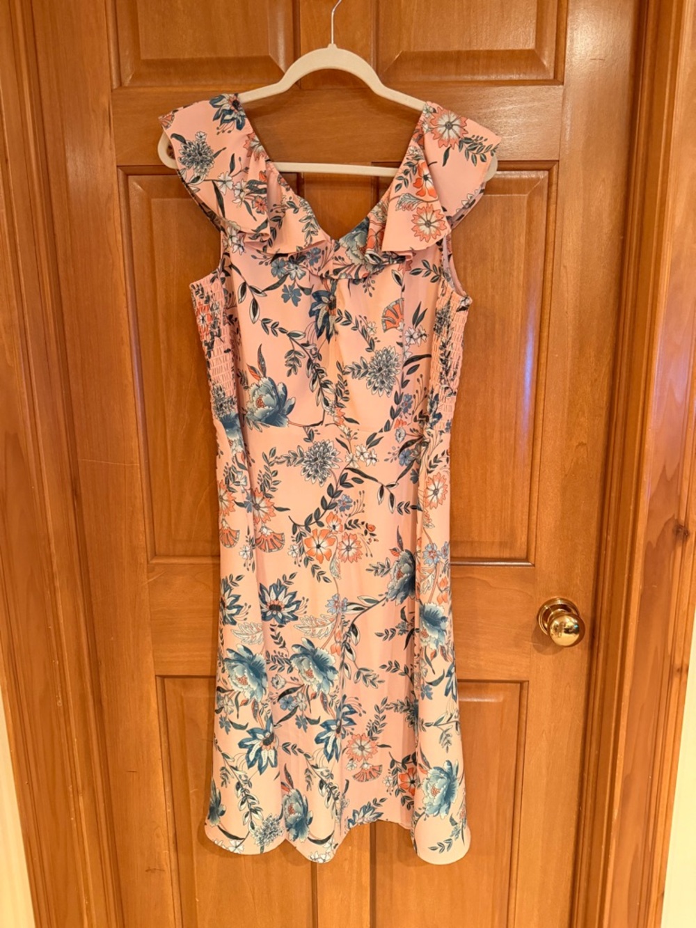 LOFT Coral-Pink Floral Midi Dress with Ruffle Collar